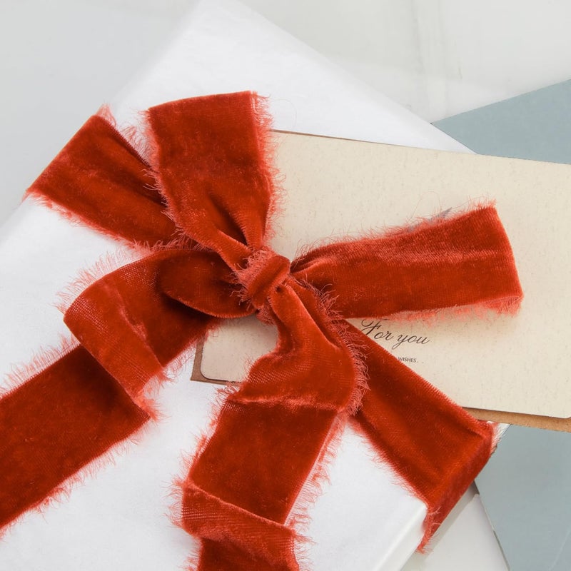 Keypan Rust Red Velvet Ribbon for Gift Wrapping - 1 1/2 inch Wide Handmade Fringe Fabric Ribbons for Christmas Decorations, Baby Shower, Flower Bouquet - Image 4